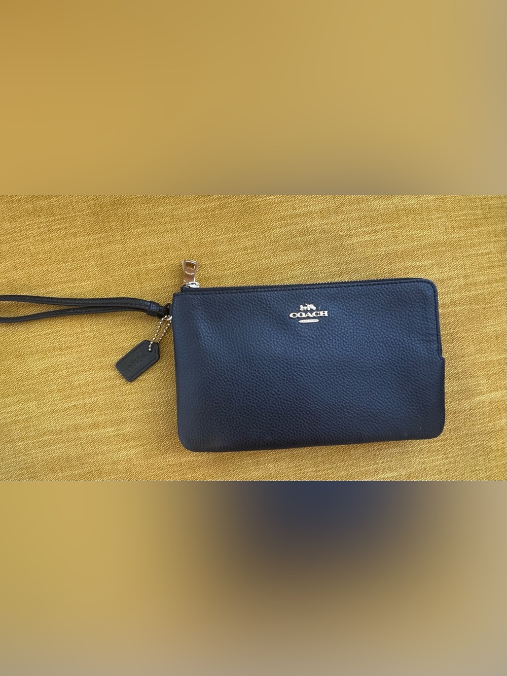 Coach Black Pebbled Leather Zip Wristlet with Silver Logo